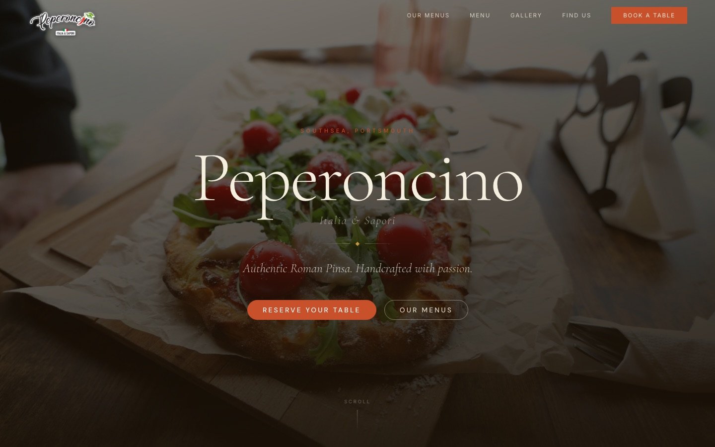Peperoncino's website, with Reserve your table and Book a table buttons