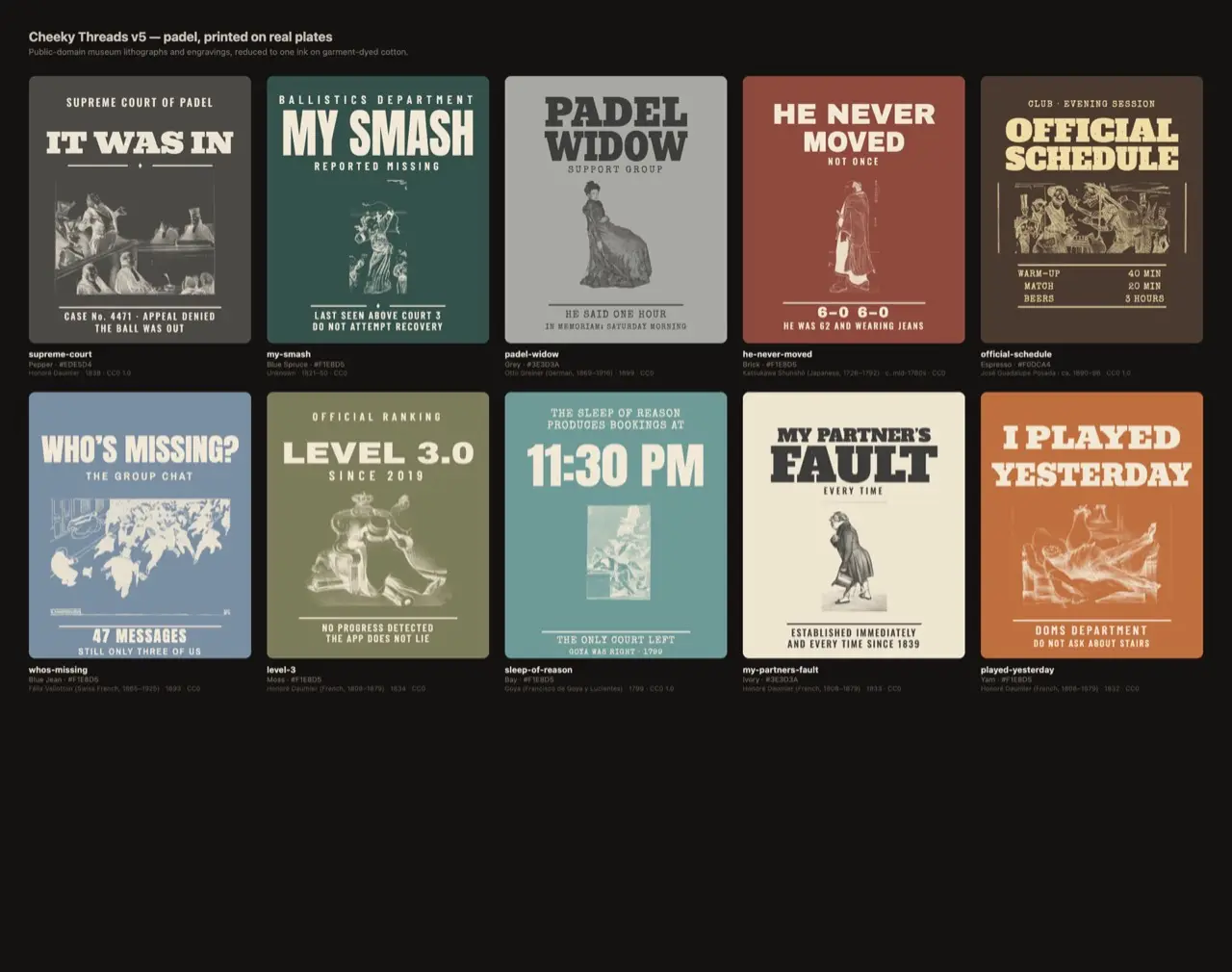 A grid of Cheeky Threads t-shirt designs