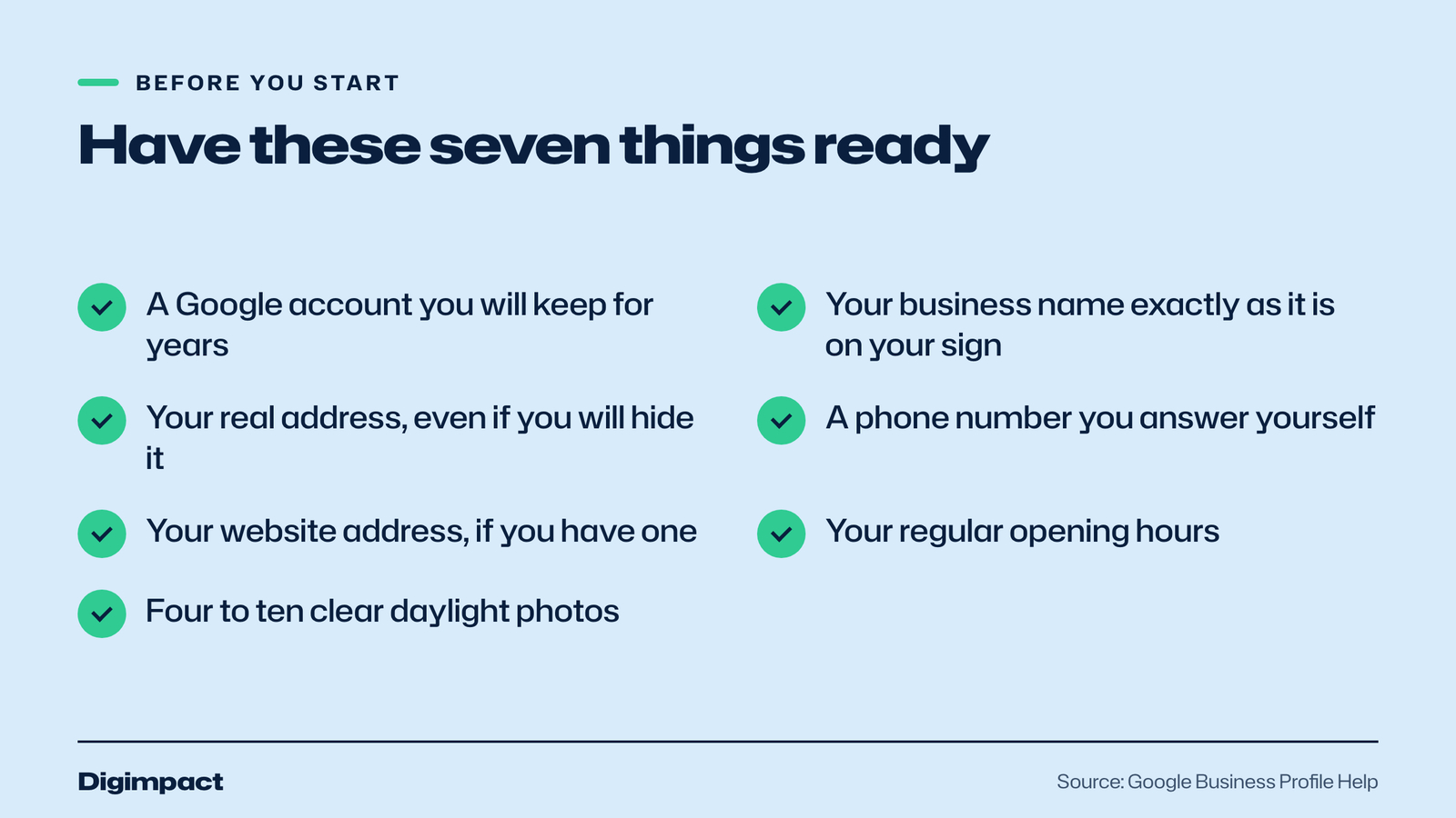 A checklist of the seven things to prepare before you start, from the Google account you will keep to the photos
